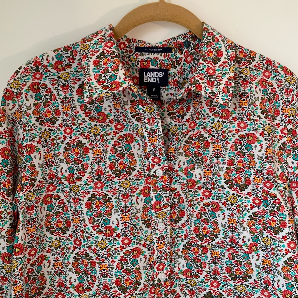 Lands End No Iron Paisley Cotton Button Up Shirt Women’s 8 Relaxed